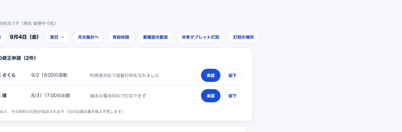 勤怠の管理画面(日別)